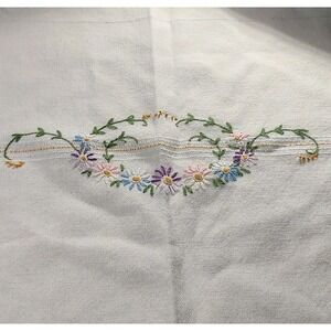 Vintage Hand Embroidered Linen‎ Tablecloth Floral Pastels 31x30.5 Inches SEE